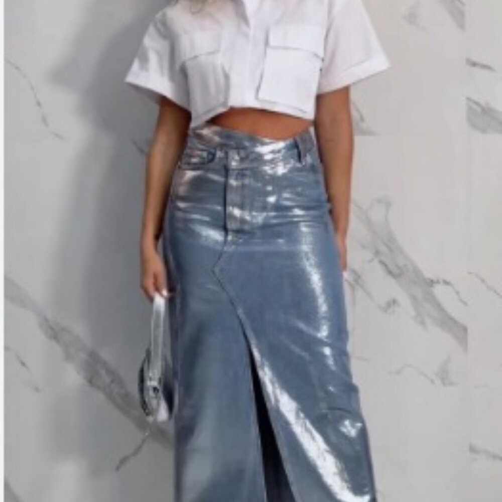 NWOT Zara Silver Denim Maxi Skirt